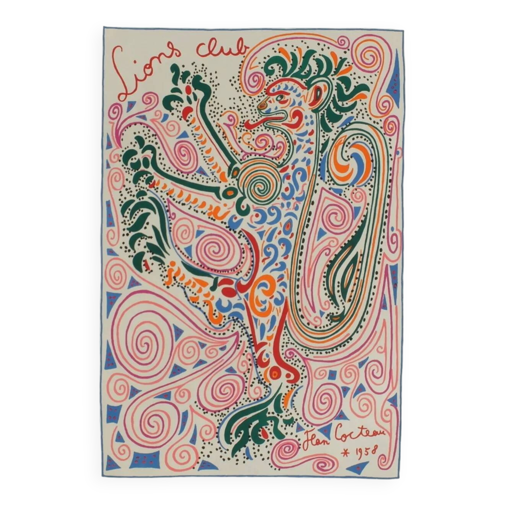 Jean cocteau - original vintage lithograph from 1958 - lions club