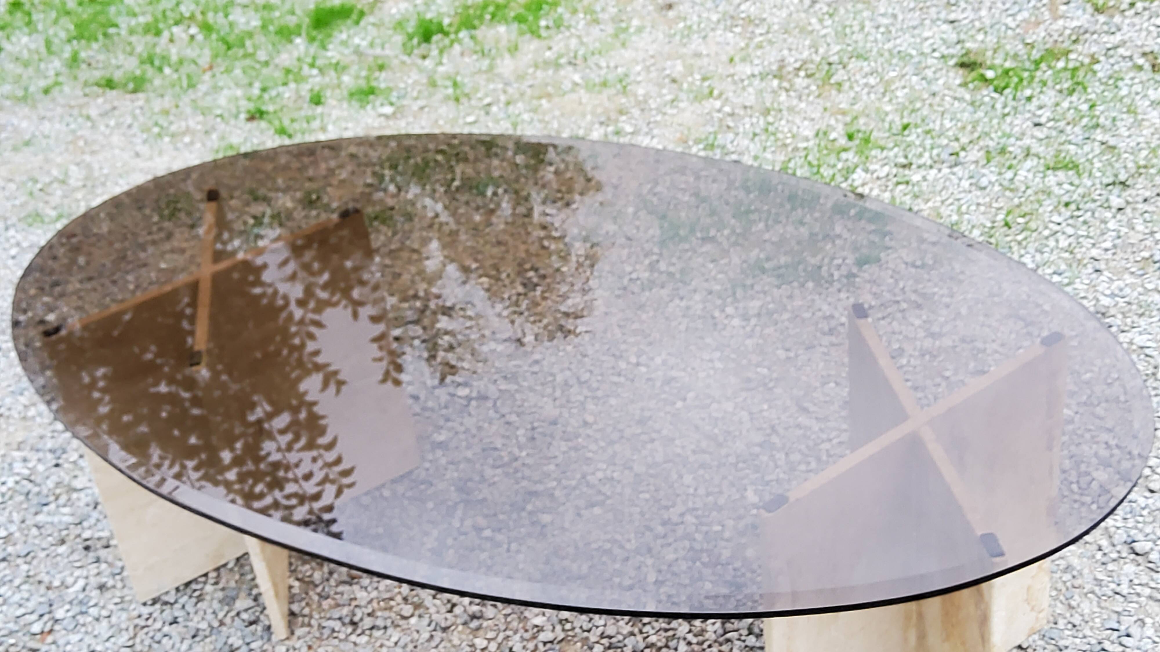 70s travertine and smoked glass designer coffee table