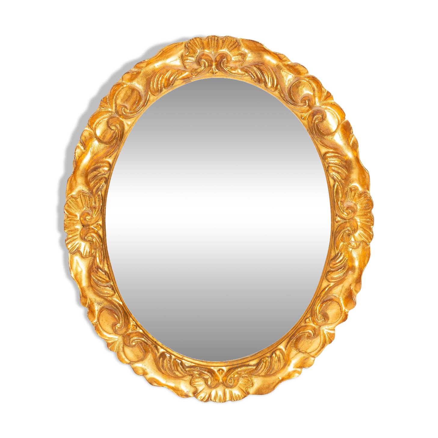 Vintage oval decorative mirror in gilded wood with floral frame, Italy, 1960s.