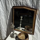 Small antique English rectangular mirror with pediment and oak frame