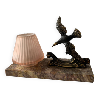 Old small art deco marble table lamp and pink pleated globe