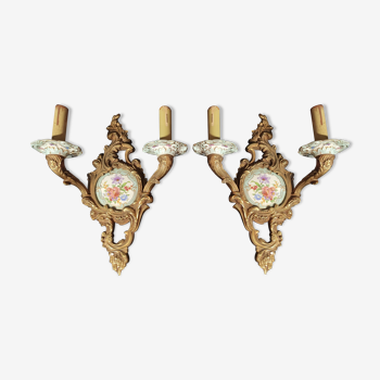 Paire d'appliques Louis XV bronze et porcelaine