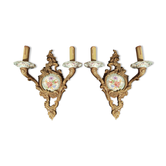 Paire d'appliques Louis XV bronze et porcelaine