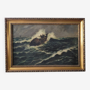 Painting Oil on panel signed C. Calvet 1951 boat in the storm