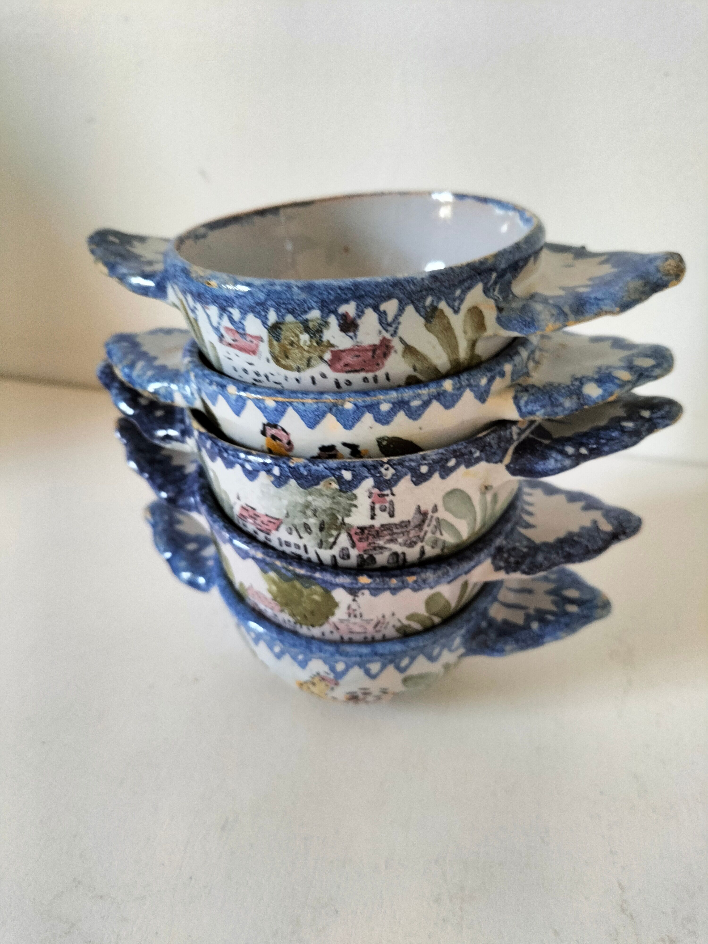5 mini earthenware bowls from Charolles decorated with a village and rooster.