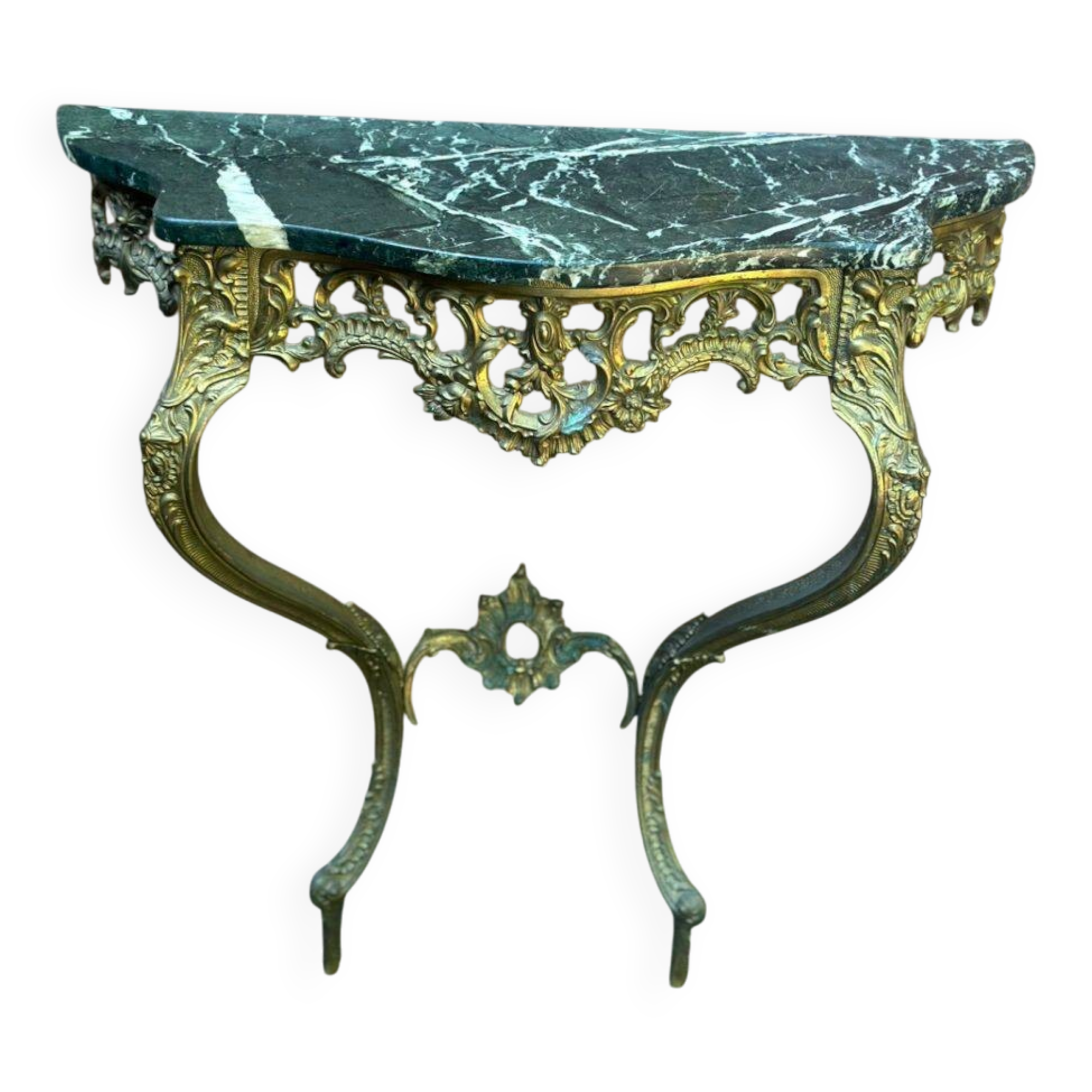 Console d'applique murale de style Louis XV bronze doré et marbre vert XIXè
