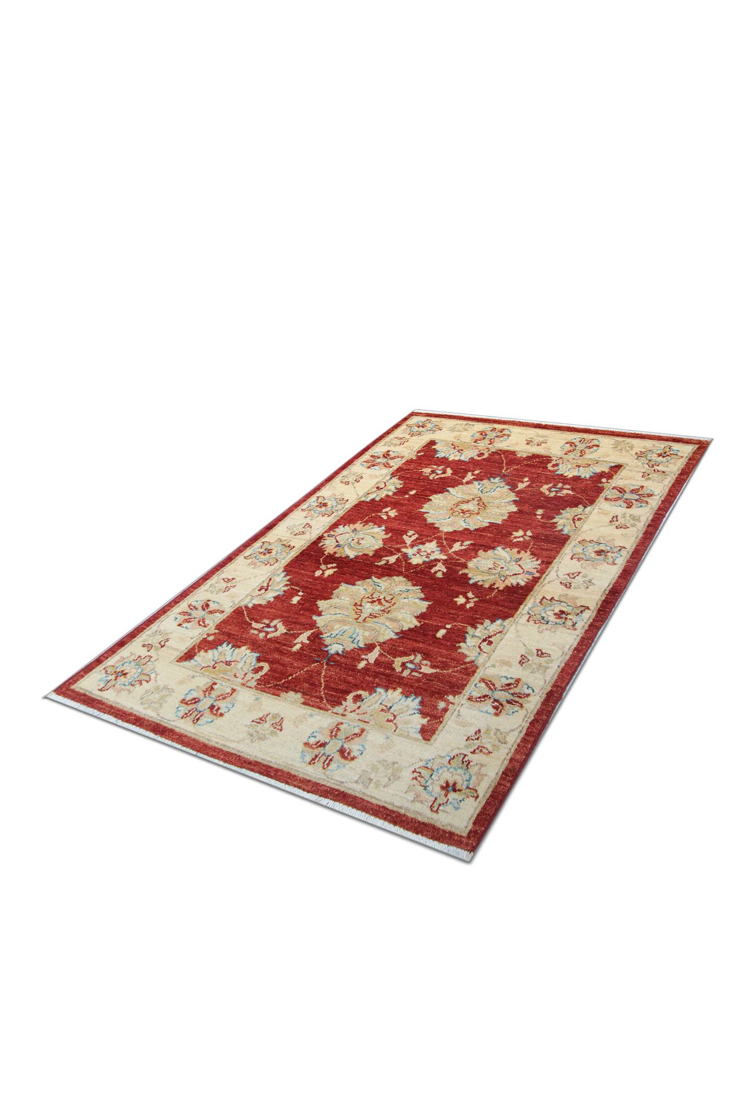 Red Gold Wool Rug, Handmade Floral Oriental Carpet 121x77cm Bedroom Decor