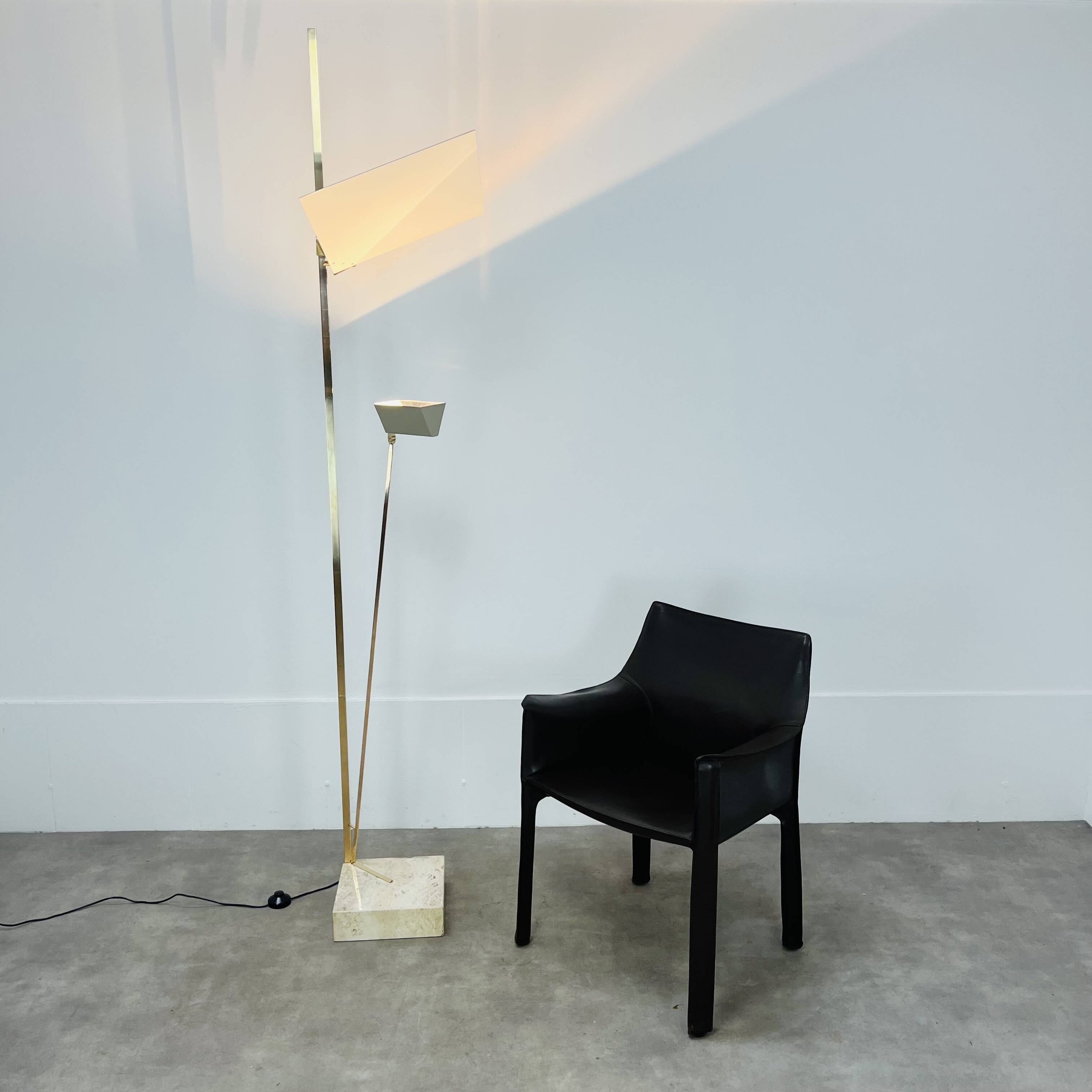 70s design floor lamp, brass and travertine, Hollywood Regency