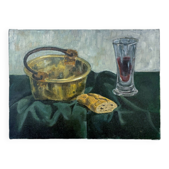 Old painting - Still life with bread and wine