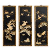 Vintage Chinese triptych in black lacquer and mother-of-pearl – crane decoration