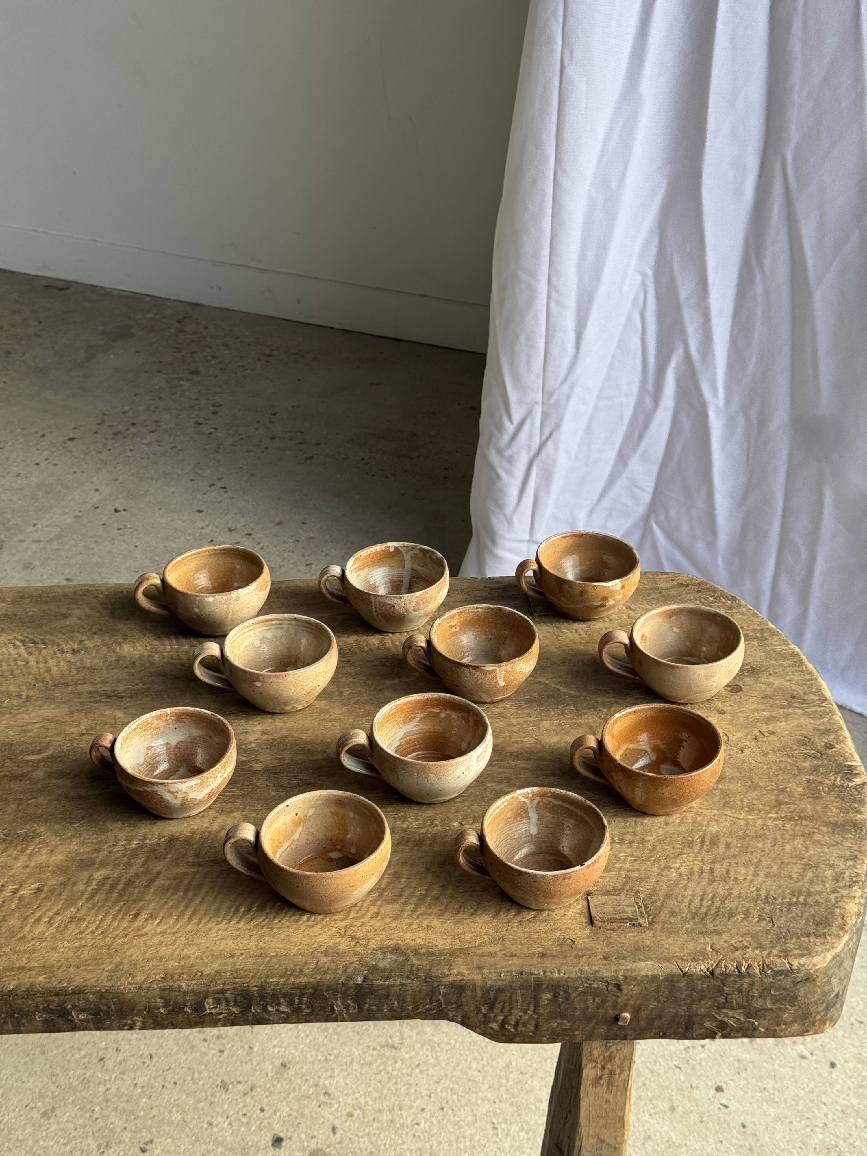 Set of 11 vintage coffee cups, raw matte stoneware H11