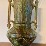 Vase amphore ancien en barbotine – Faïence décor grec antique – Signé 0E V