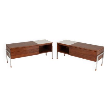 Pair of low chests of drawers in teak and chrome metal. 1960s.
