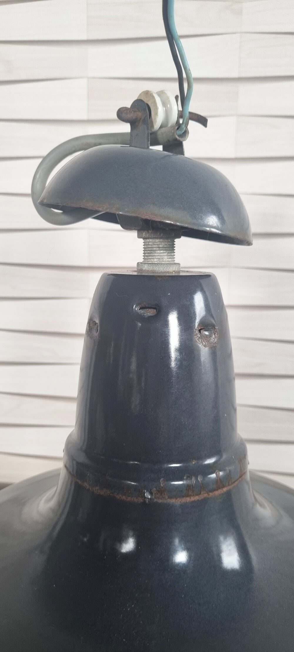 Industrial pendant lamp enamelled blue grey, vintage, 50s
