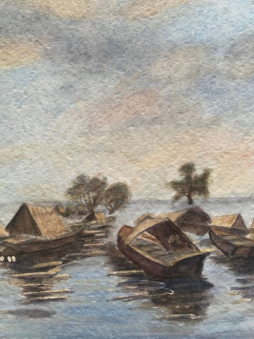Tableau Aquarelle originale "bateau de pêche" Voyage signé de Rose Picard |  Selency