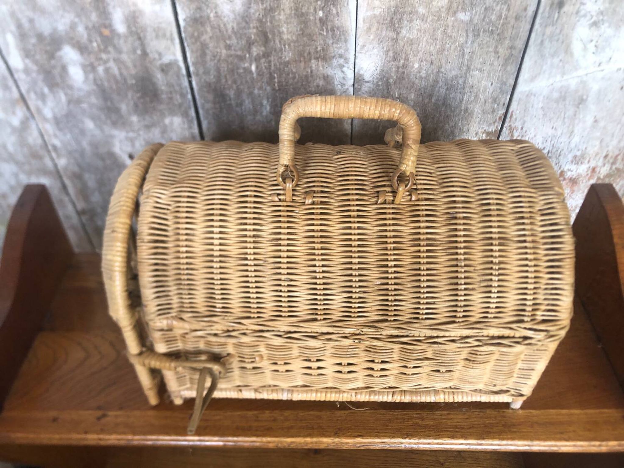 Old basket transport trunk rattan cage puppies kittens animals vintage