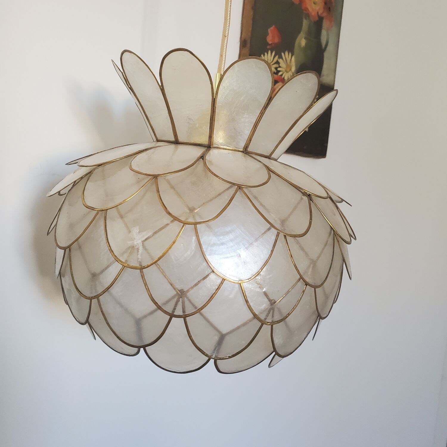 Lotus flower suspension in mother-of-pearl and brass