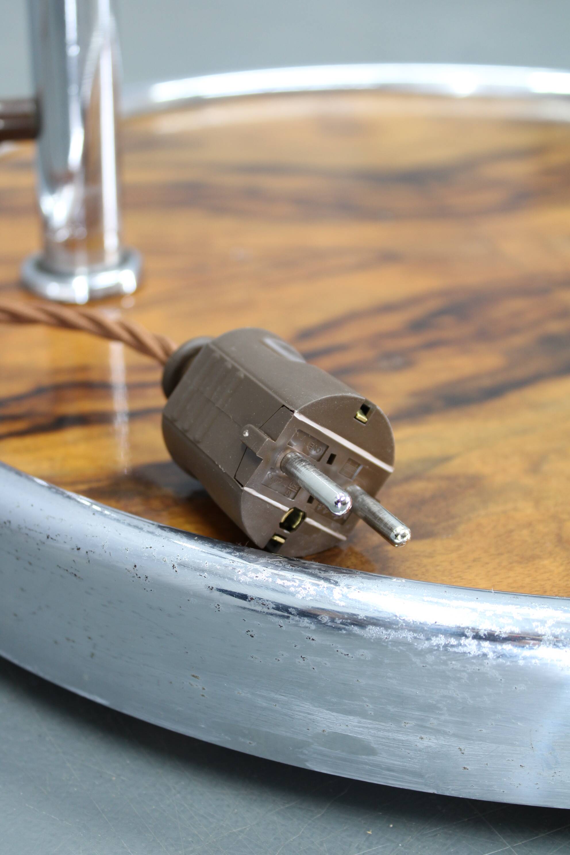 Art Deco chrome floor lamp, milk glass, walnut base, 1930s Czechoslovakia