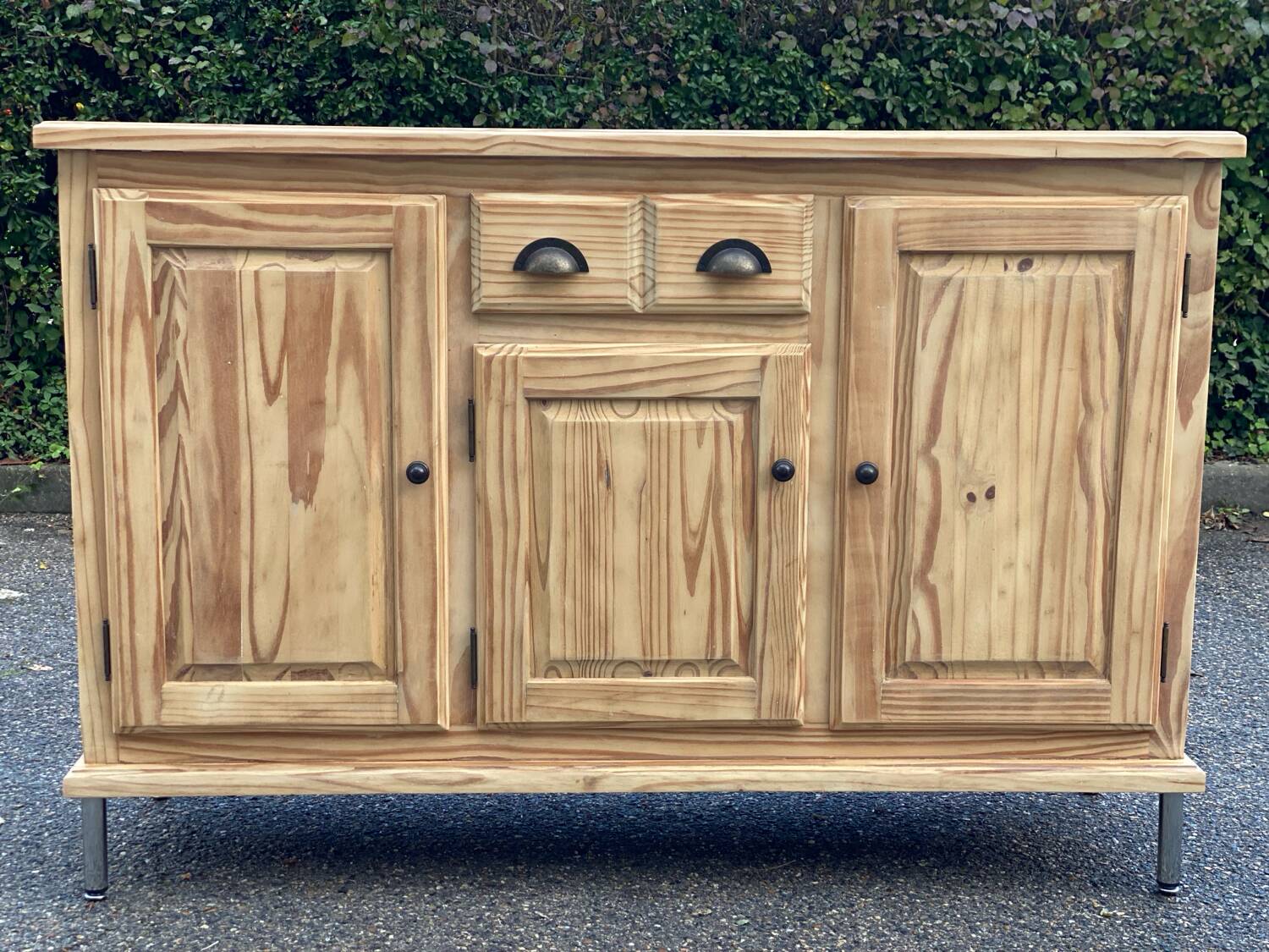 Renovated 3-door sideboard in raw solid wood 147cm