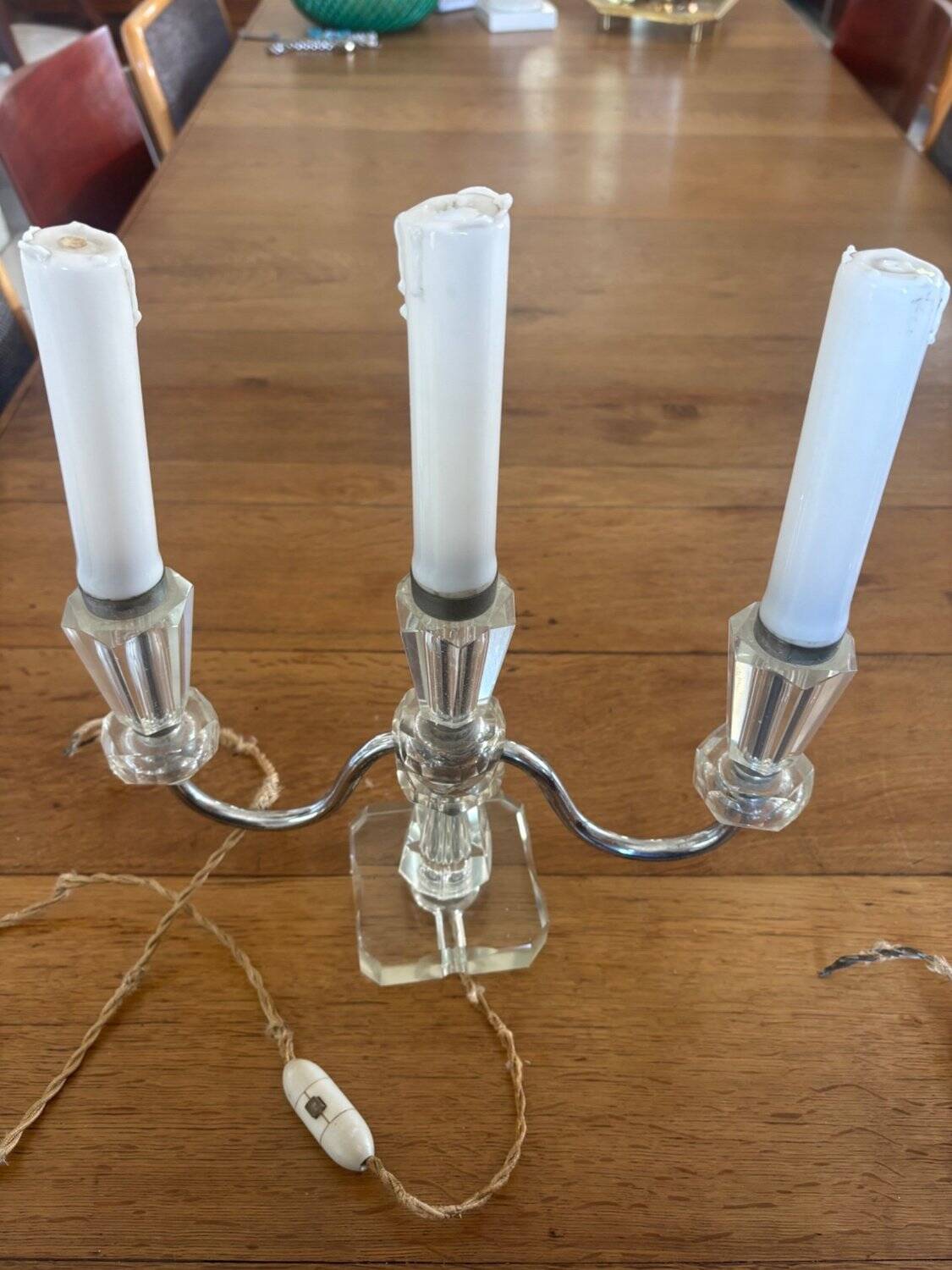 Pair of Electrified Art Deco Candle Holders – Cut Crystal & Chrome Metal 1