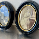 Pair of black wooden oval frames 1880’s  each 13 cm x 10 cm glass measurements 8.5 cm x 5.5 cm