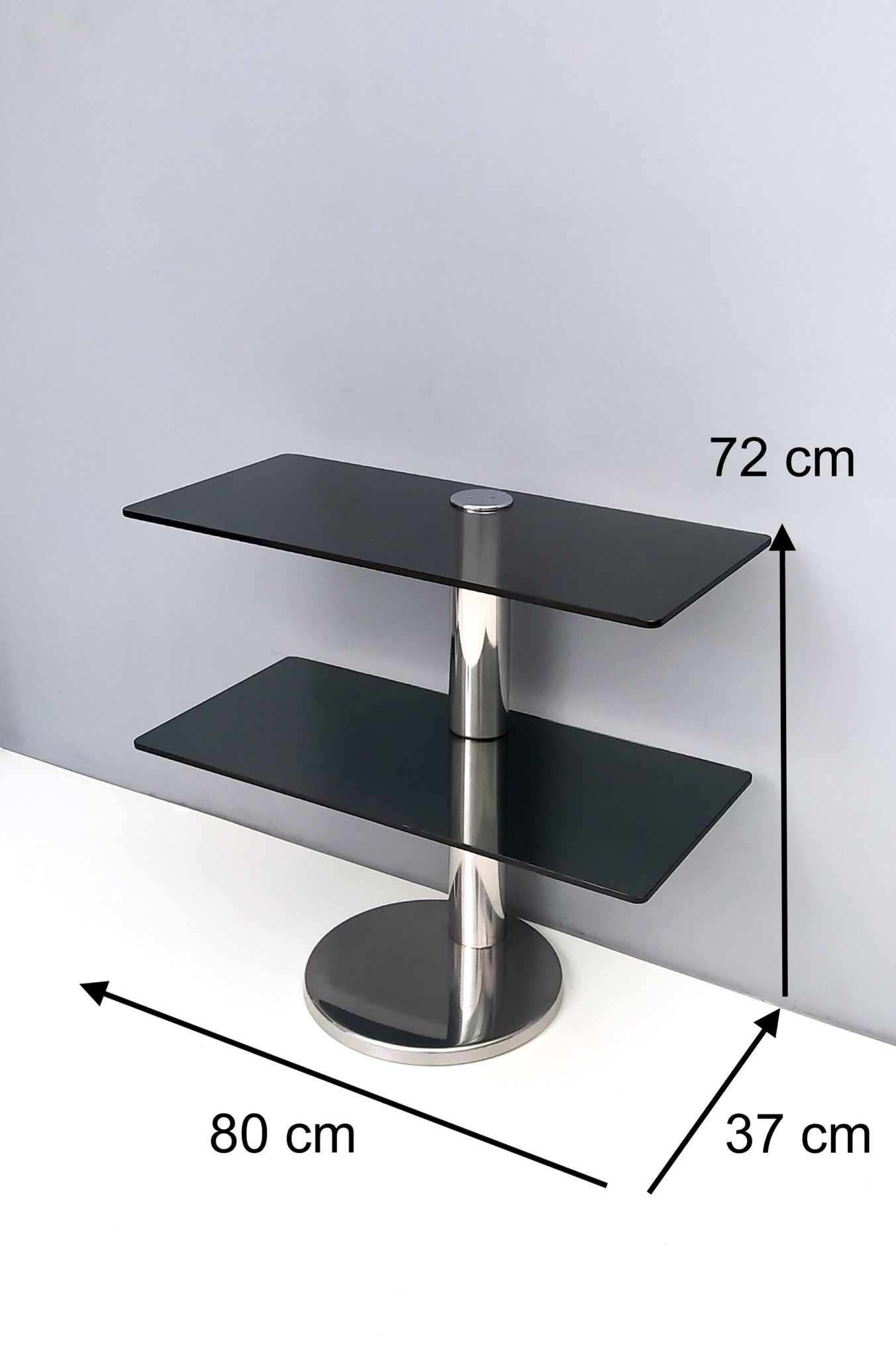Postmodern Chromed Metal Console Table with Two Smoked Glass Shelves, Italy