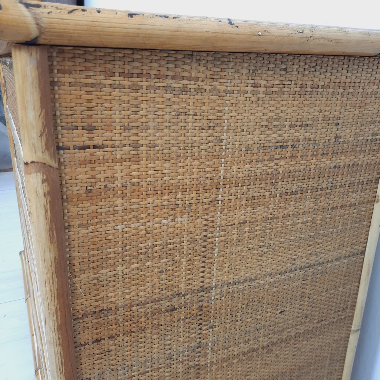 Chest of drawers, dresser, 1960s, Dal vera, bamboo and wicker, brass handles