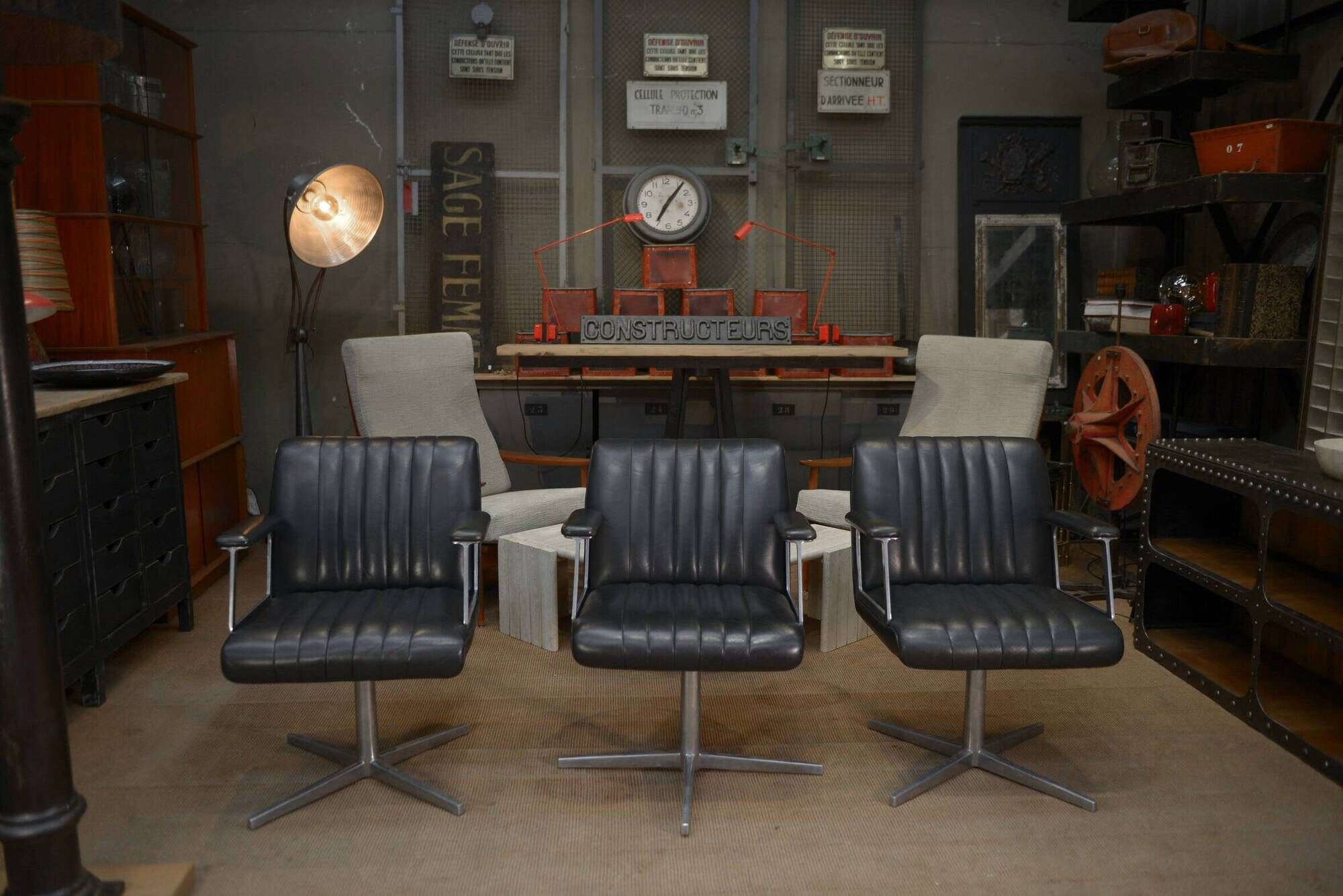 Set of 3 designer swivel metal leather office armchairs 1970