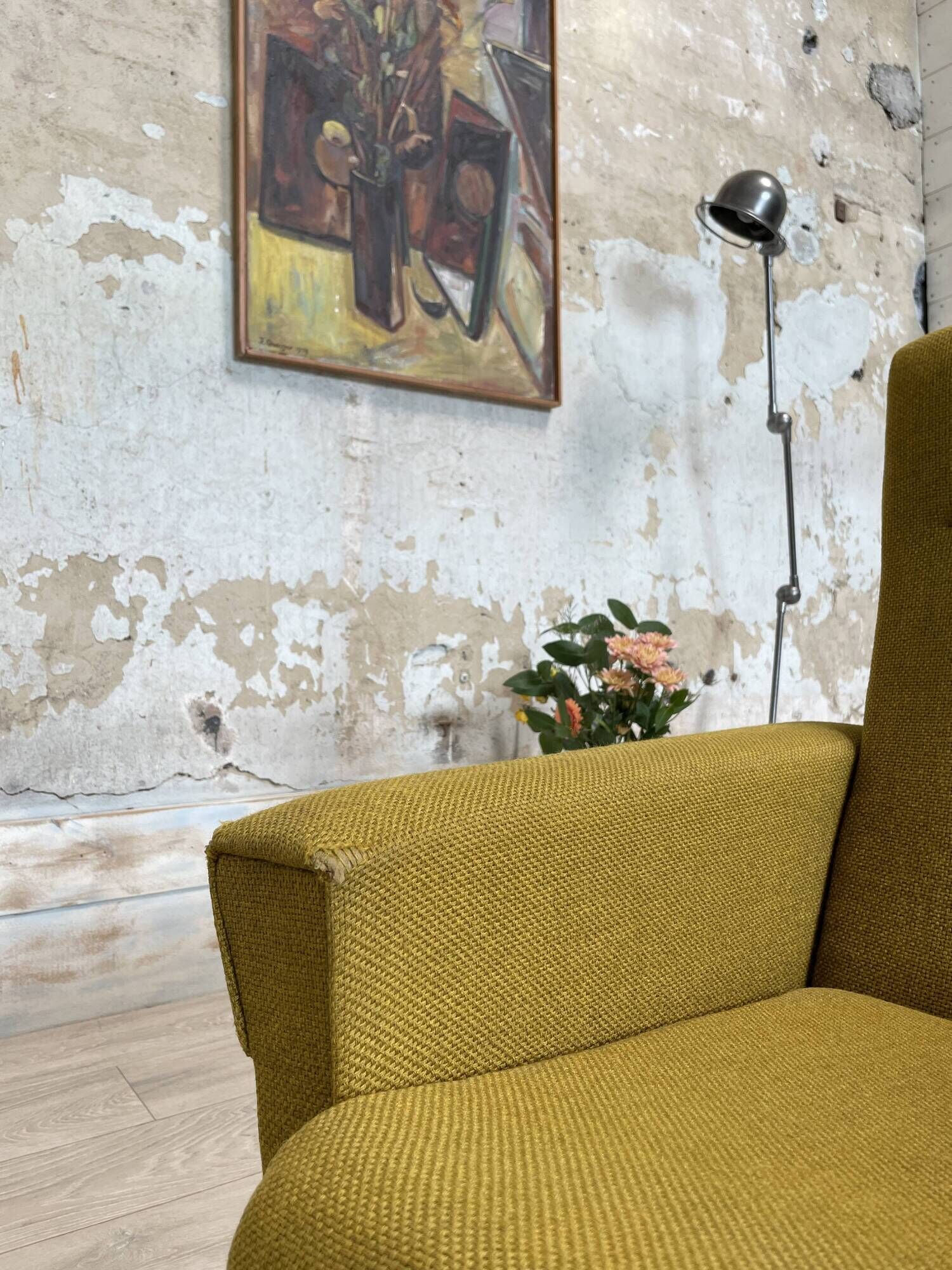 Vintage armchair in fabric and metal compass legs, circa 1950.