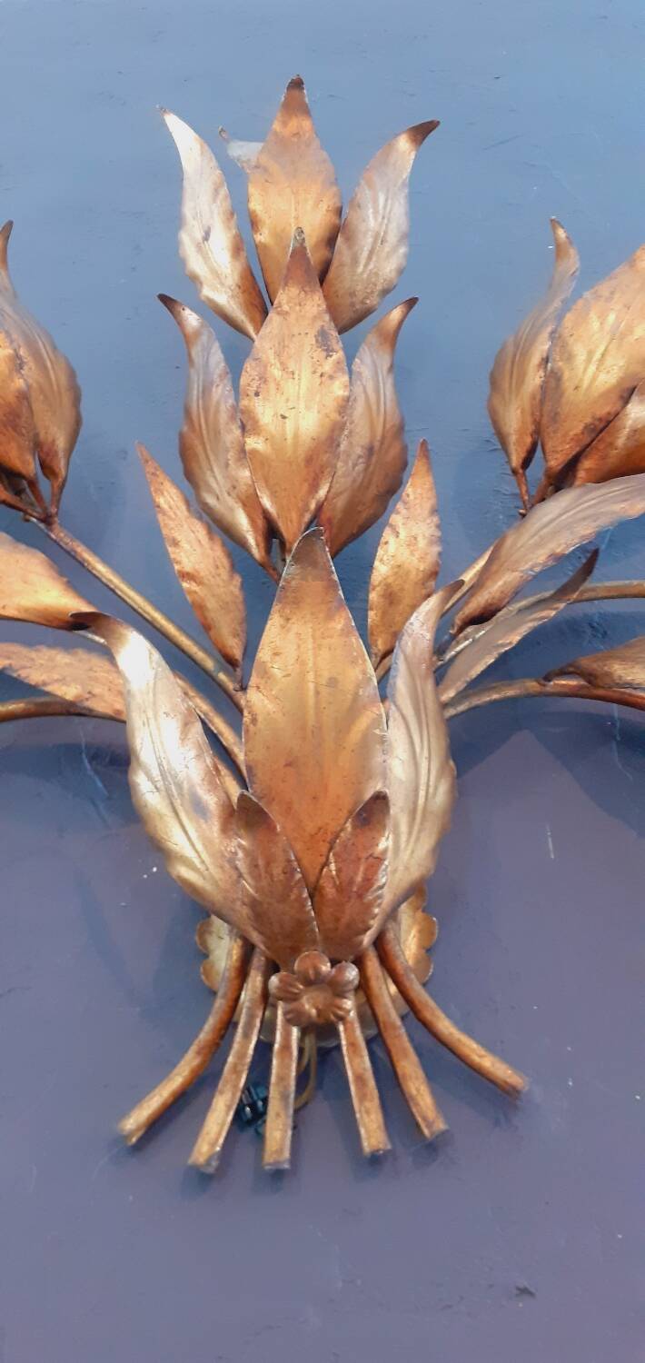 Monumental Vintage Wall Lamp with Golden Leaf Decor by Hans Kögl, 1960s