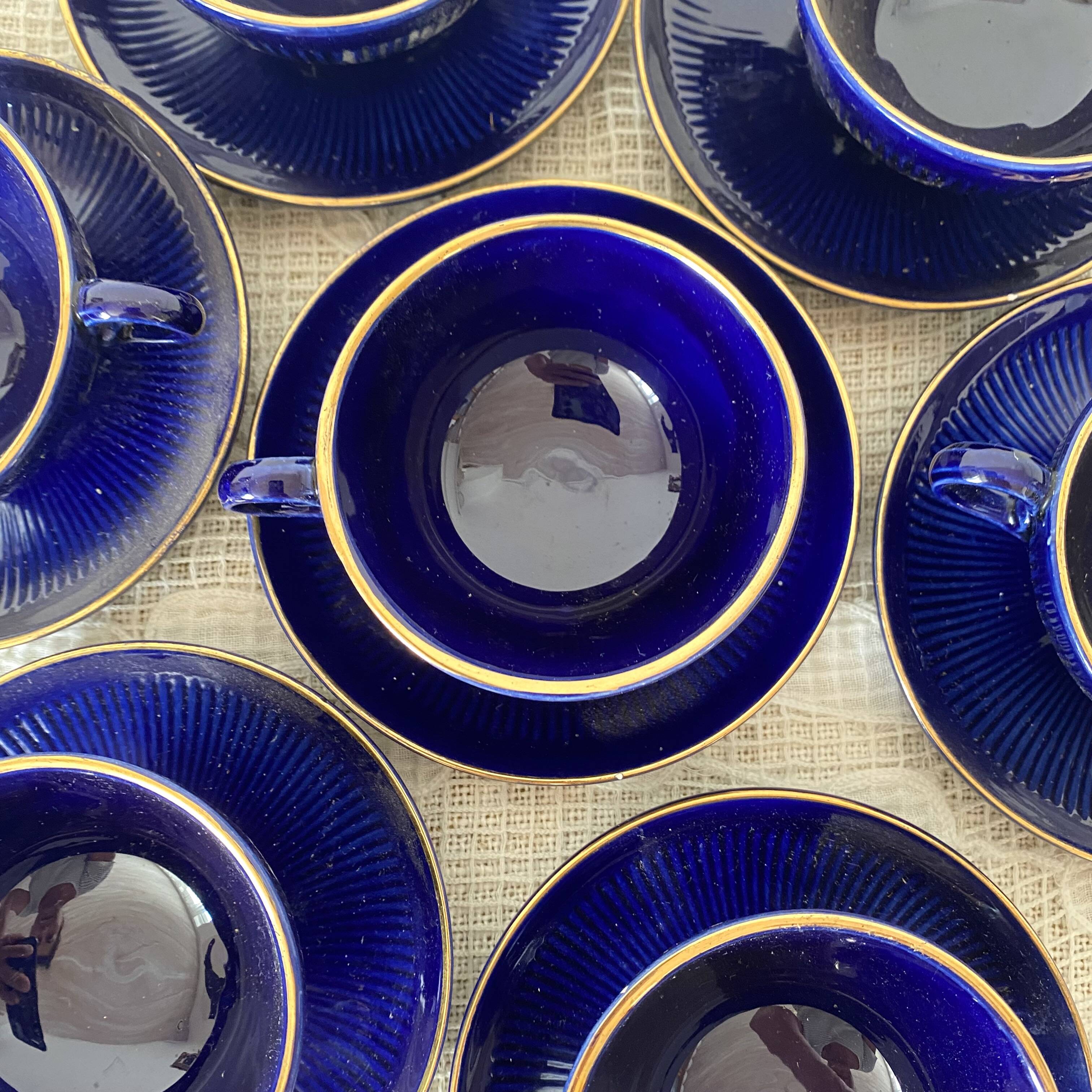 Midnight blue and gold coffee cups and saucers