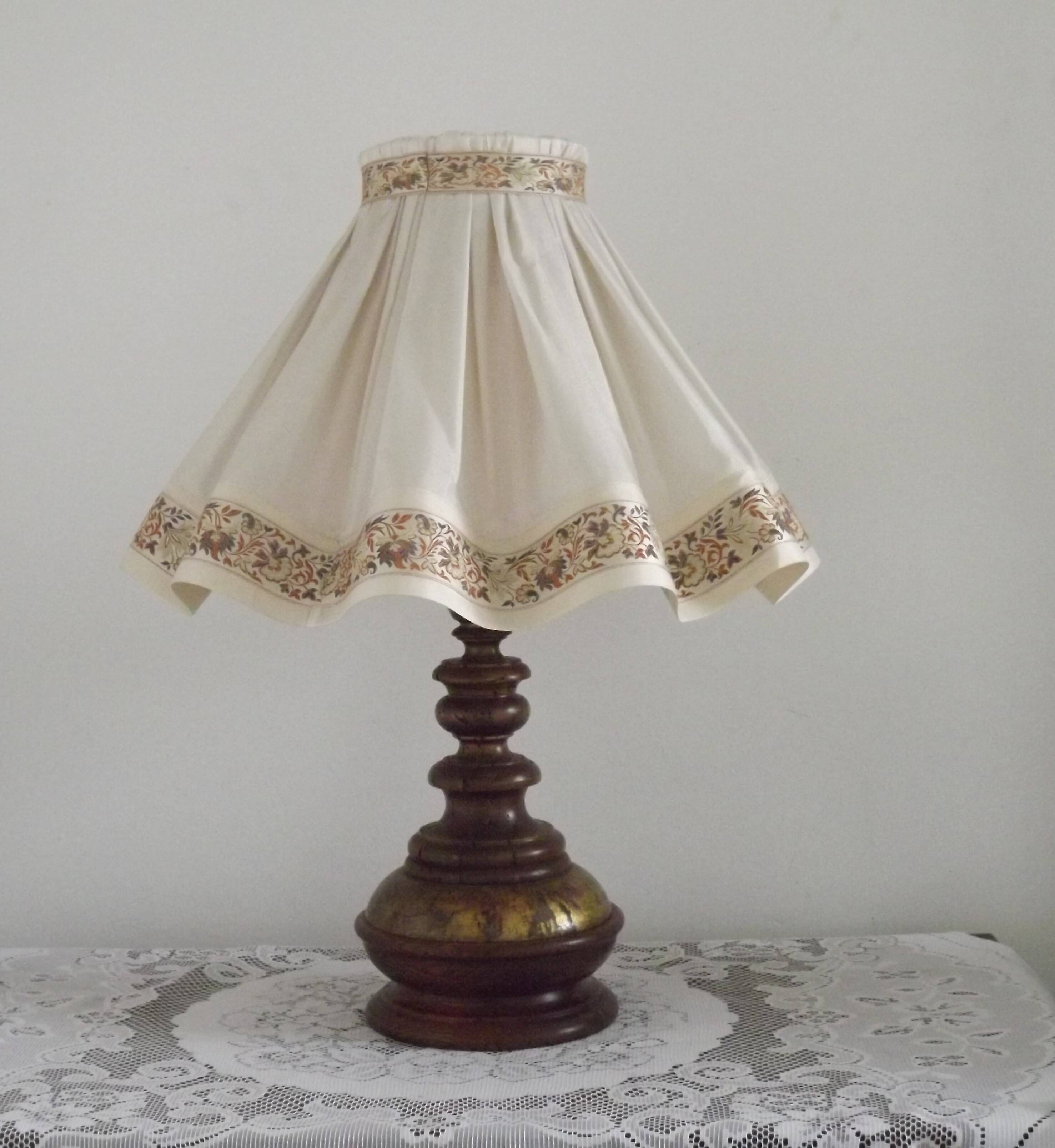 Vintage French Country Style Lamp Turned Wood Base & Layered Fabric Shade
