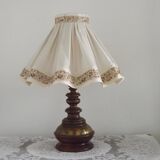 Vintage French Country Style Lamp Turned Wood Base & Layered Fabric Shade