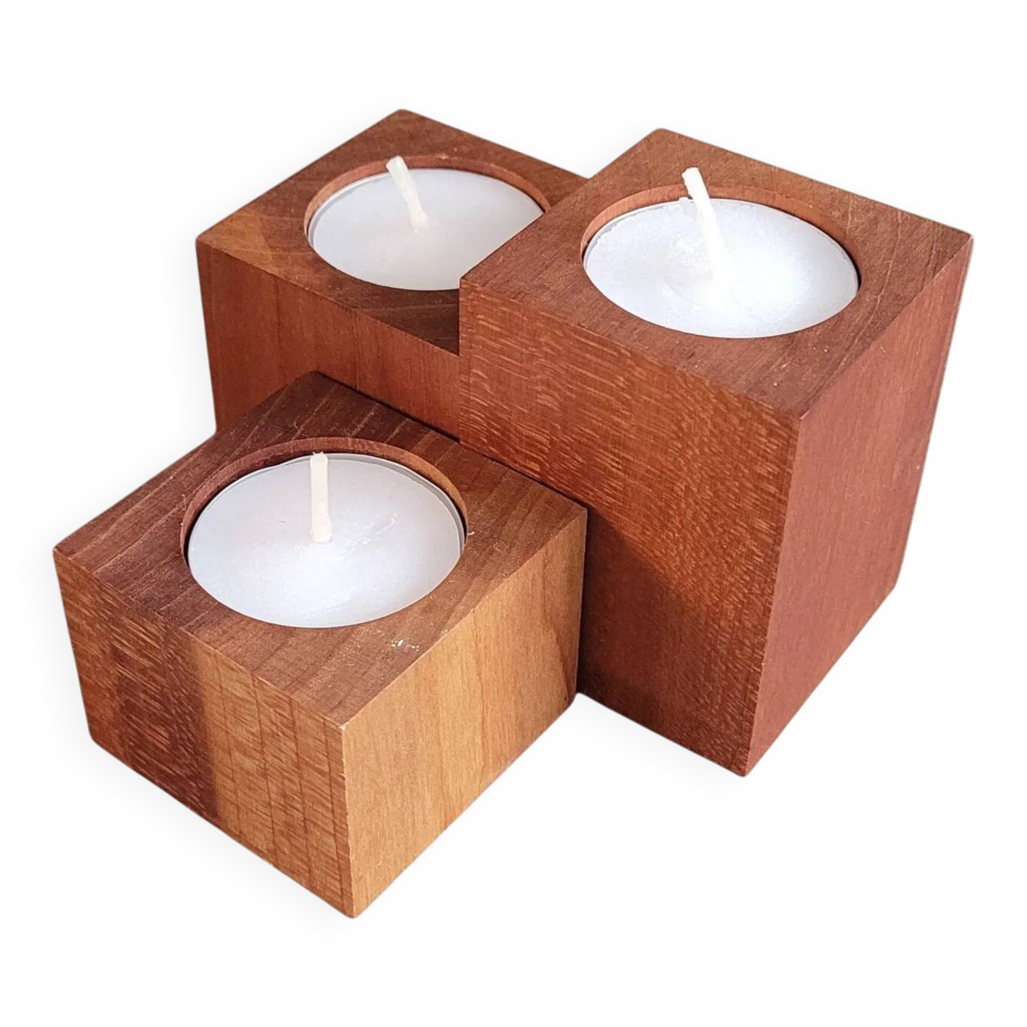 Vintage teak candlestick trio