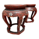 Pair of stools / Chinese side tables in red lacquered wood