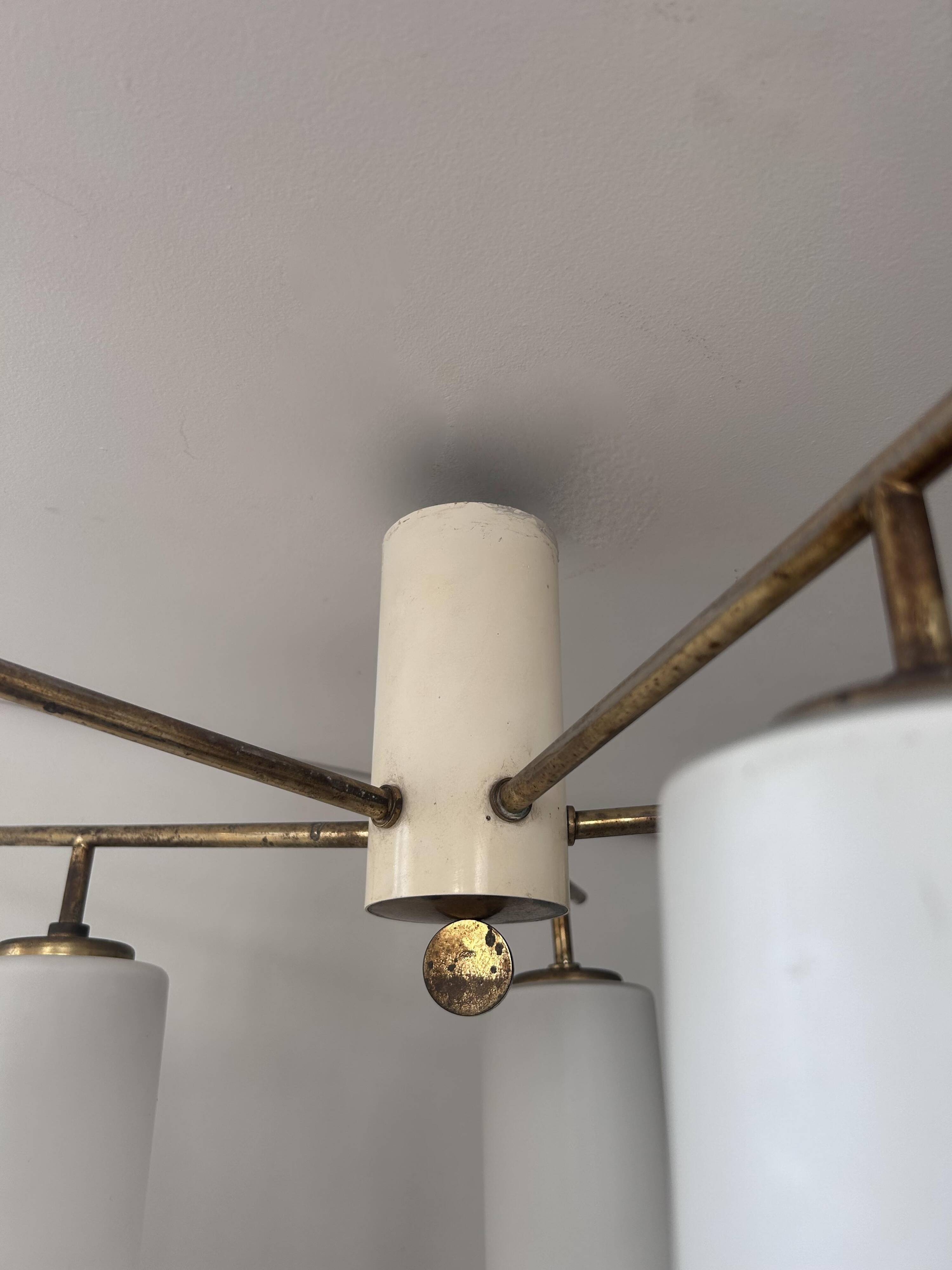Vintage Italian ceiling light, brass and opaline, 1950