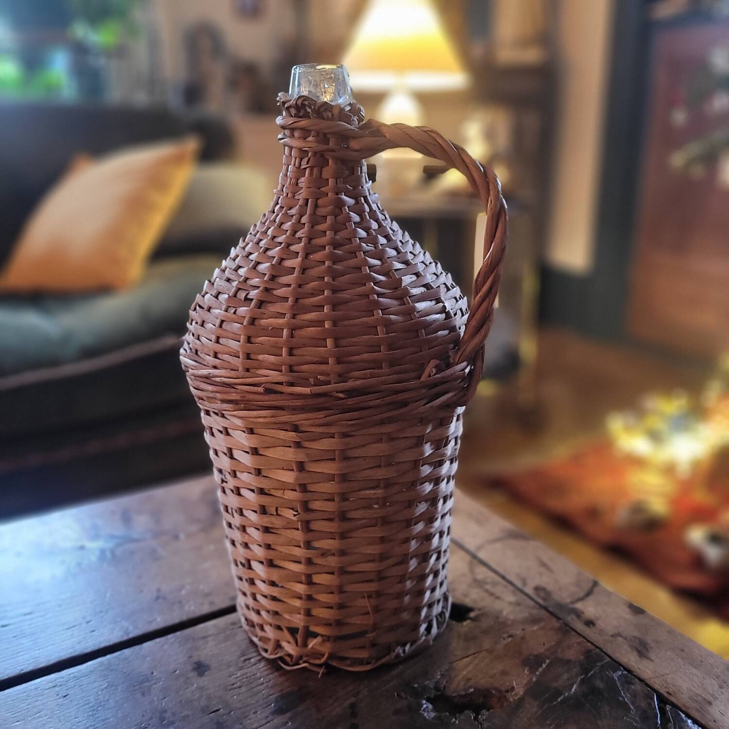 Glass demijohn encased in wicker, 1950s–1960s