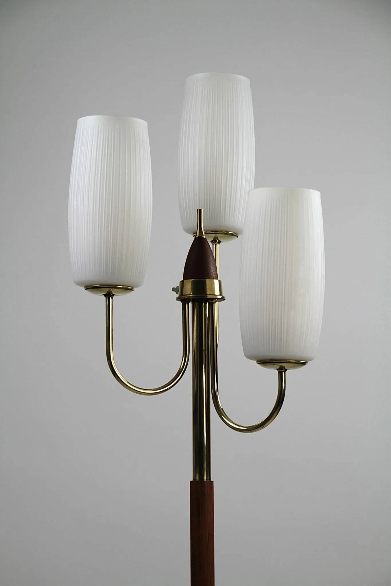 Brass & Teak Three-Light Candelabra Floor Lamp — Scandinavia, 1940s/1950s