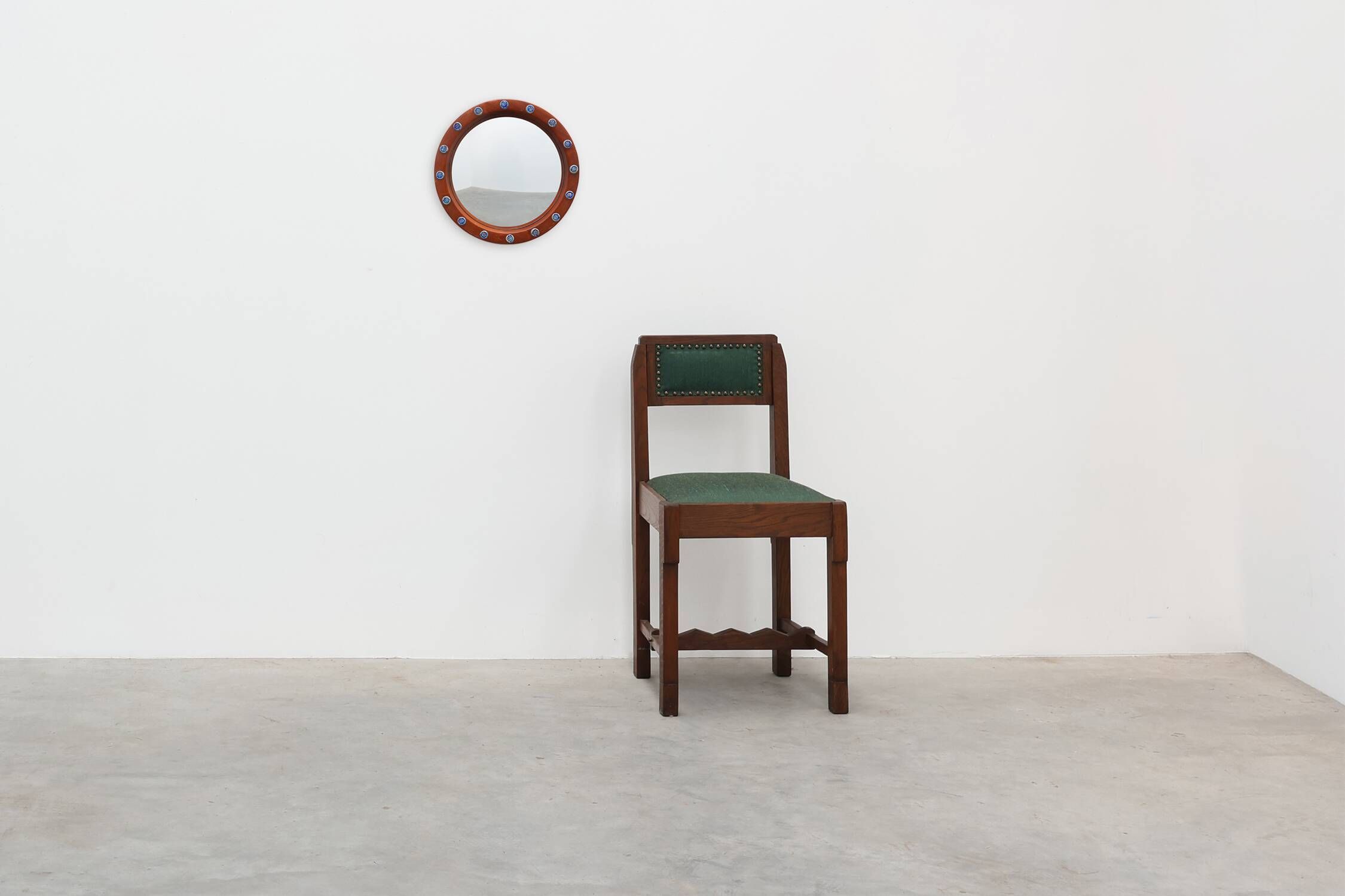 Round Teak Mirror with Blue Ceramic Stud Decoration by Deknudt, 1960s