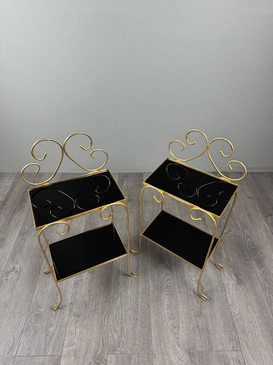 Pair of vintage side tables in gilt metal, with glazed ceramic tops