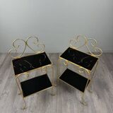 Pair of vintage side tables in gilt metal, with glazed ceramic tops