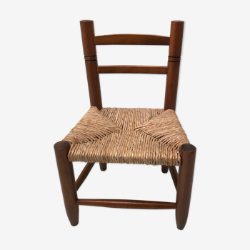 Chaise en bois paillée vintage pour enfant années  70