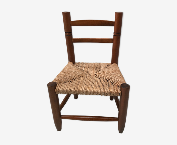 Chaise en bois paillée vintage pour enfant années 70