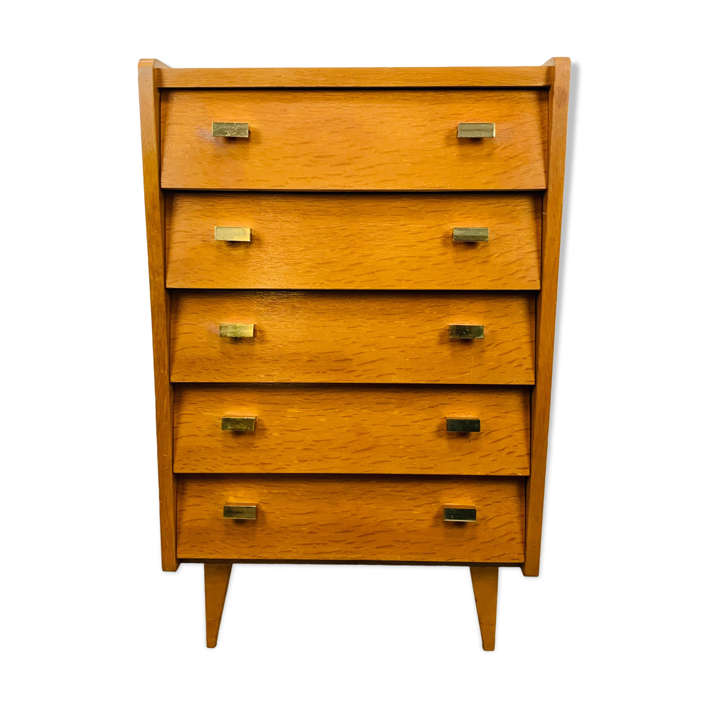Commode chiffonnier pieds compas années 50 bois blond