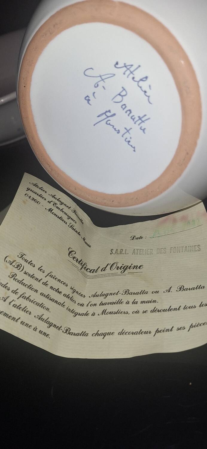 Vase Moustiers workshop A.Baratta (A.B)