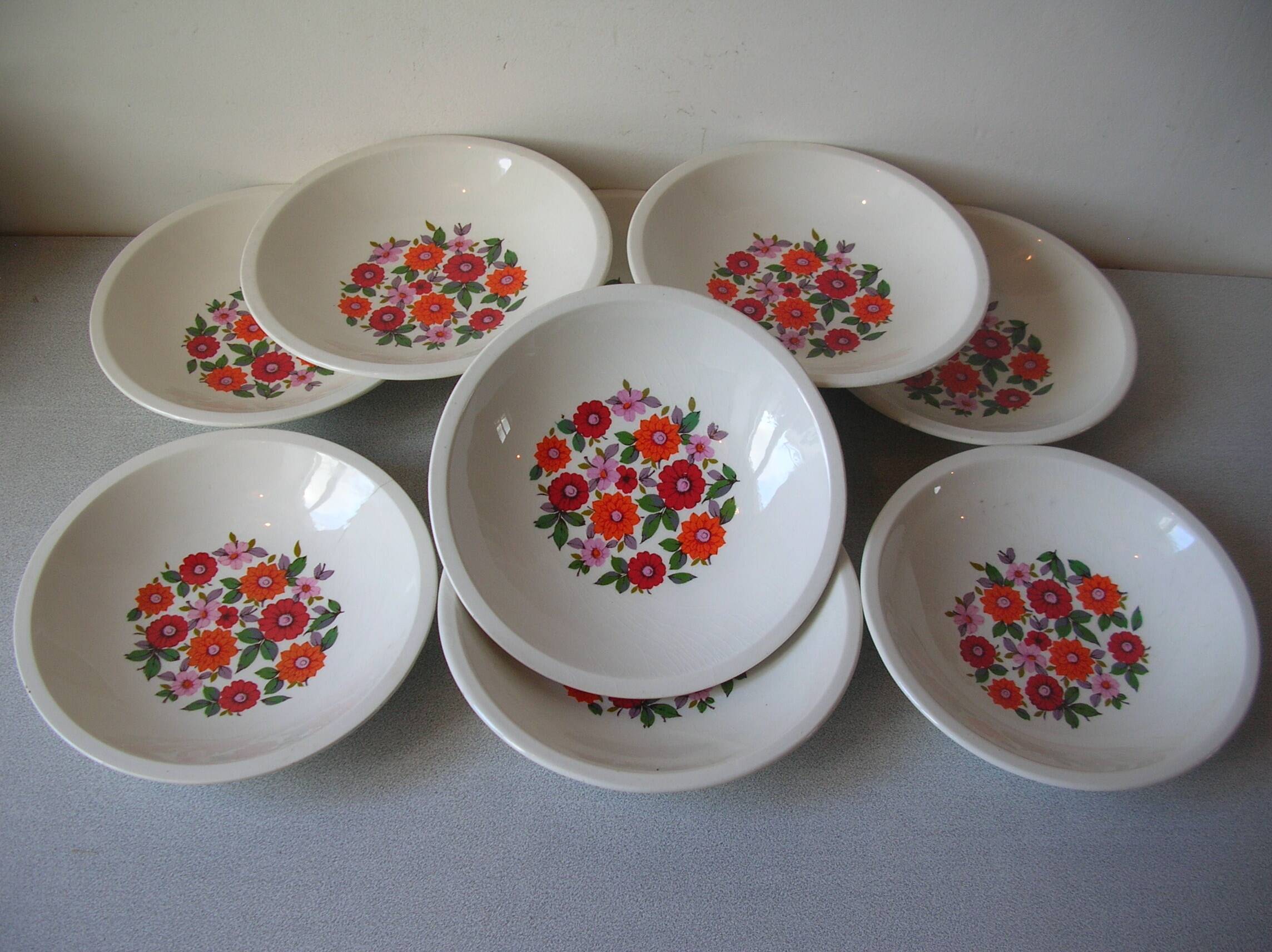 Lot of 9 old Gien soup plates Coralie model 1970s/80s floral decor