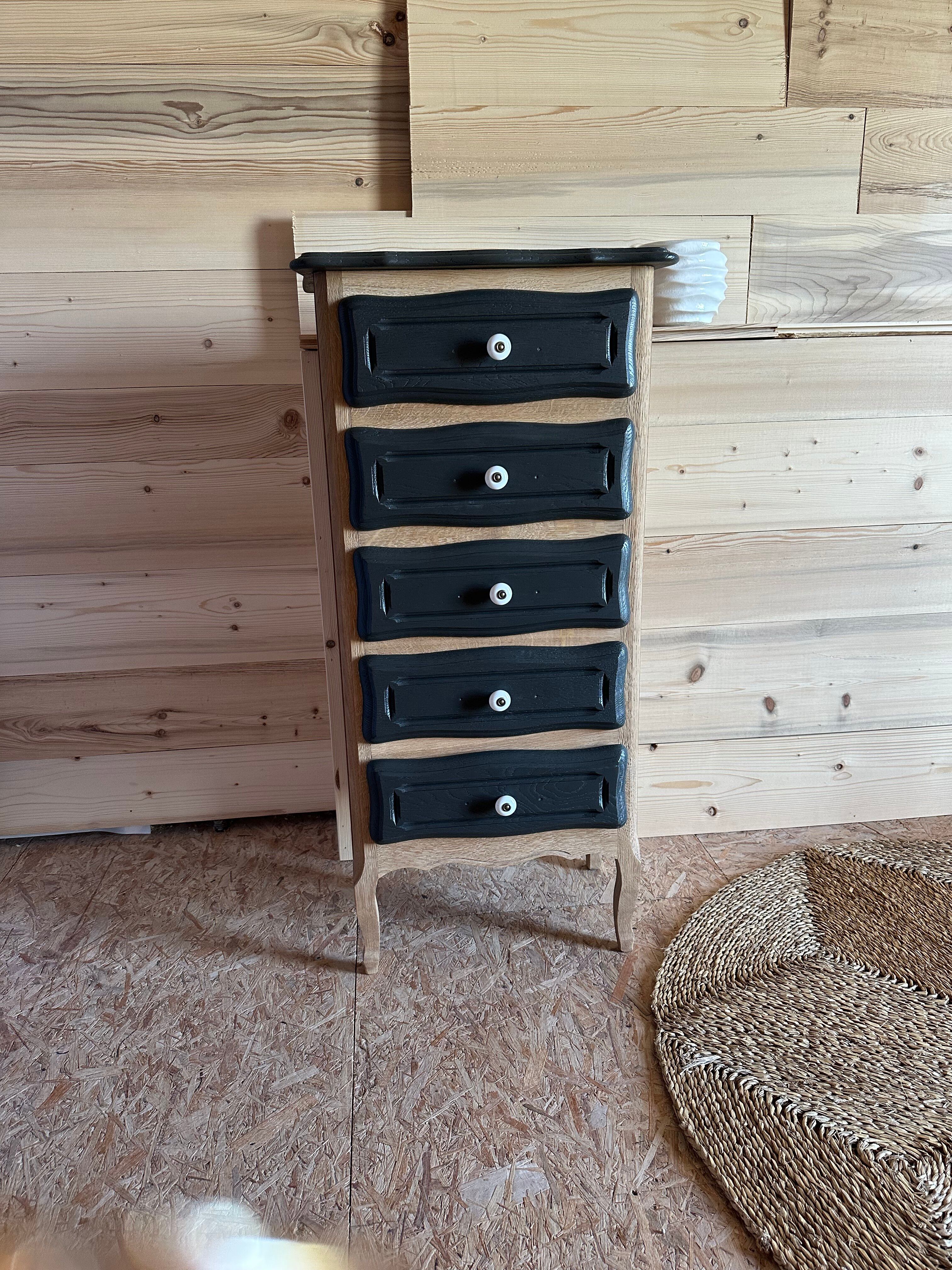 Chiffonnier bois brut et noir 5 tiroirs