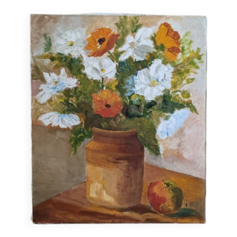 Tableau ancien nature morte bouquet de fleurs décoration campagne bohème