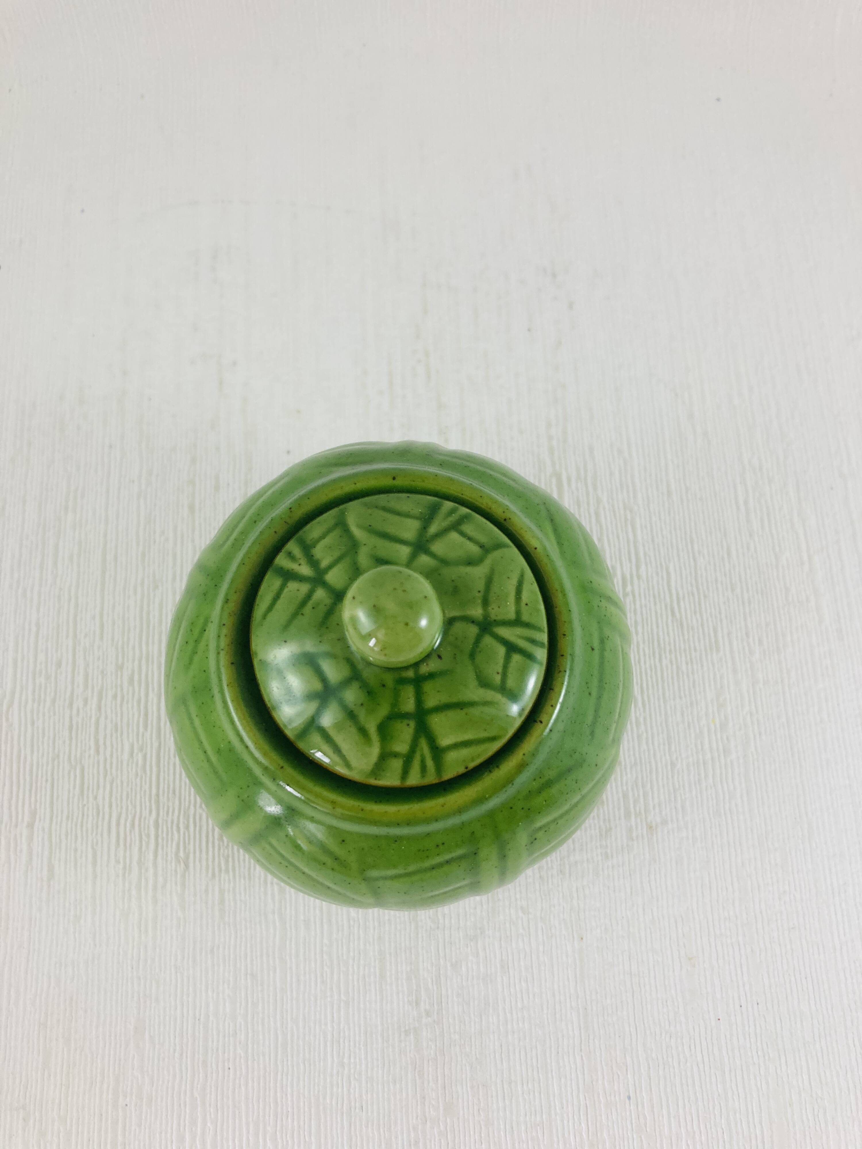 Green earthenware tea set with cabbage pattern, vintage 1970s.