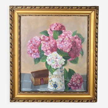 Watercolor bouquet of hydrangeas still life 20th golden frame